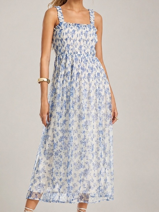 Aqua Dresses & Skirts - 🆕🦋AQUA Blue White Floral Midi Dress Size L Bodice Tulle Overlay Cottagecore